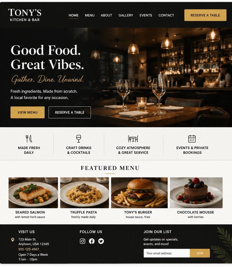 After: modern restaurant website with beautiful visuals, clear info, and easy reservations