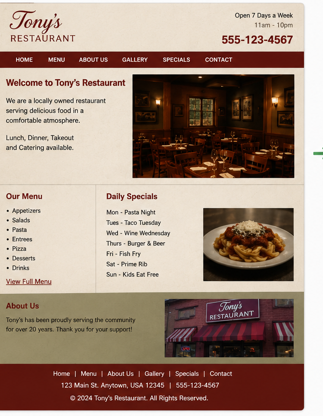 Before: outdated restaurant website with cluttered design and hard-to-read menus