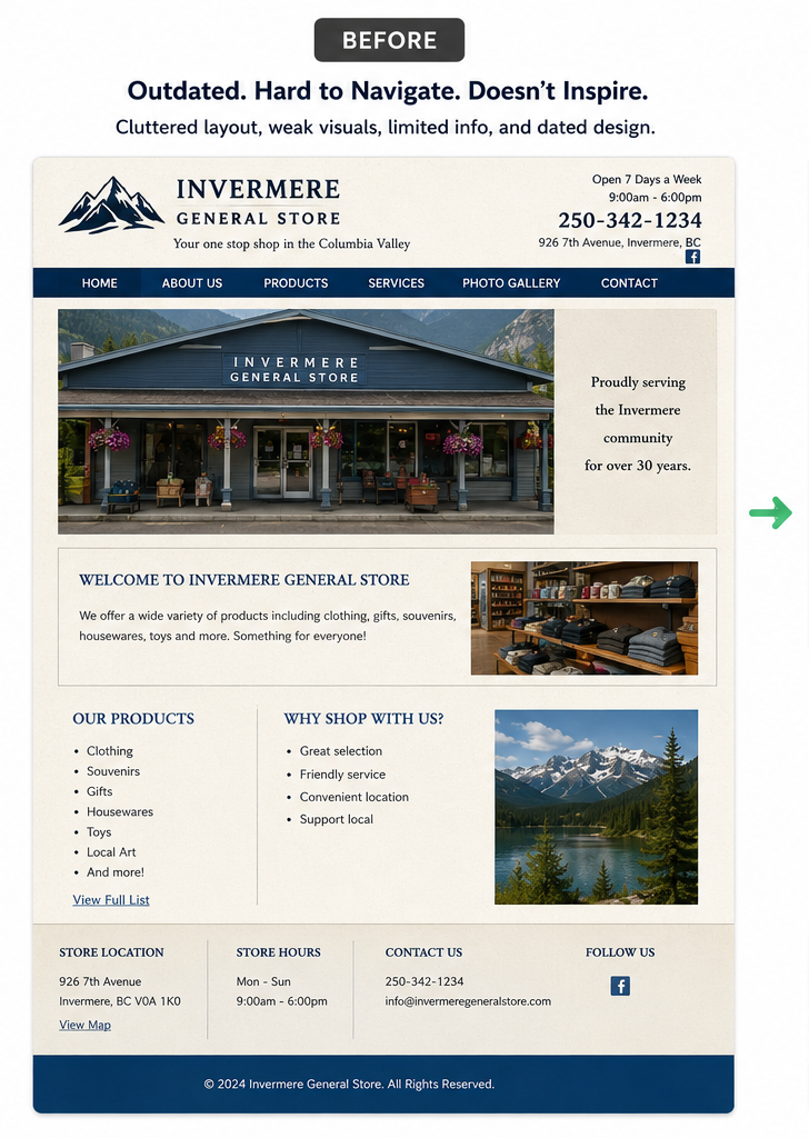 Before: outdated retail store website with cluttered layout, weak visuals, and dated design